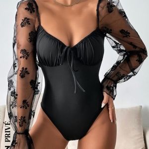 Floral Print Mesh Flounce Sleeve Ruched Bust Tie Backless Bodysuit